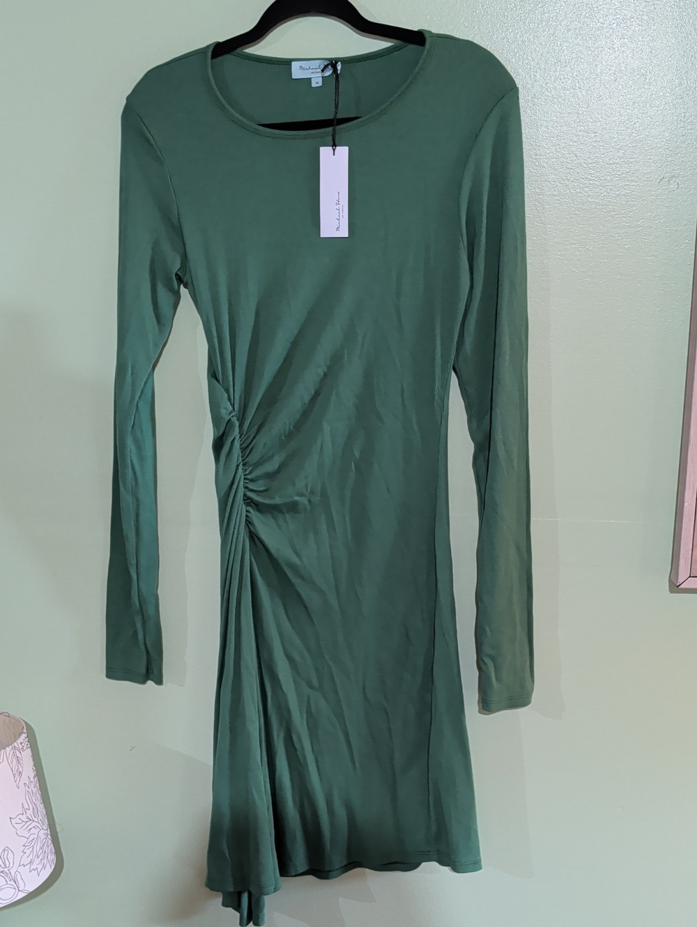 Michael Stars Long-Sleeve Side-Ruched Midi Dress in Sage Green